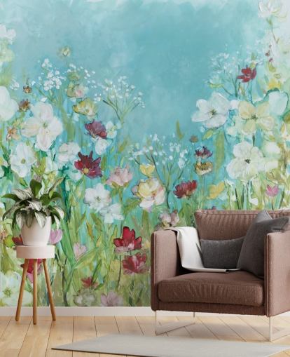 kleurrijke bloemenbehangmuurschildering op maat genaamd Wildflowers and Lace van Carol Robinson voor woonkamers