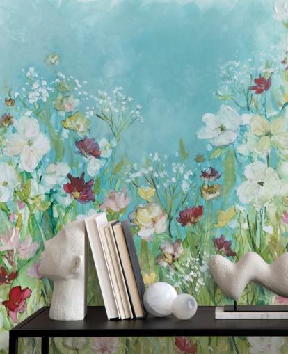 fargerikt tilpasset blomstertapet veggmaleri kalt Wildflowers and Lace av Carol Robinson for stuer fargerikt tilpasset blomstertapet veggmaleri kalt Wildflowers and Lace av Carol Robinson for stuer