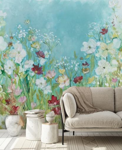colorido mural de papel pintado de flores personalizado llamado Wildflowers and Lace de Carol Robinson para salas de estar