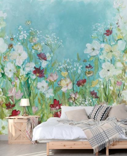 colourful custom flower wallpaper mural called Wildflowers and Lace by Carol Robinson for living rooms