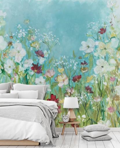 fargerikt tilpasset blomstertapet veggmaleri kalt Wildflowers and Lace av Carol Robinson for stuer