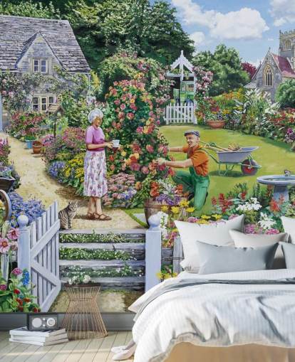 casal de velhos cuidando de seu papel de parede jardim cottage