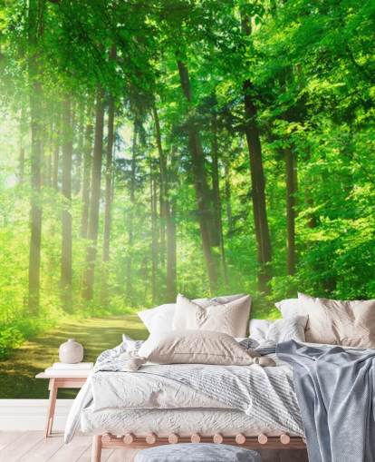 mural verde personalizable de papel pintado de bosque llamado Forest Path in Sunshine