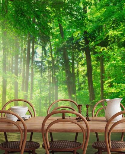 carta da parati murale verde personalizzabile chiamata Forest Path in Sunshine