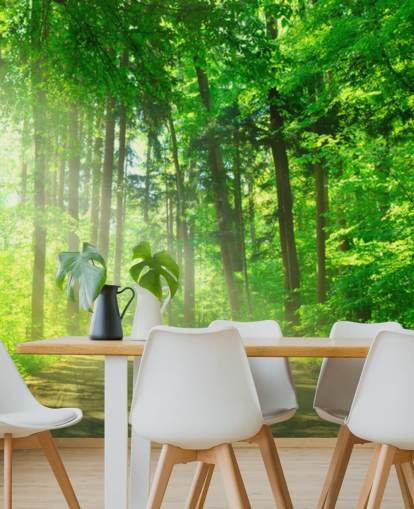 mural verde personalizable de papel pintado de bosque llamado Forest Path in Sunshine