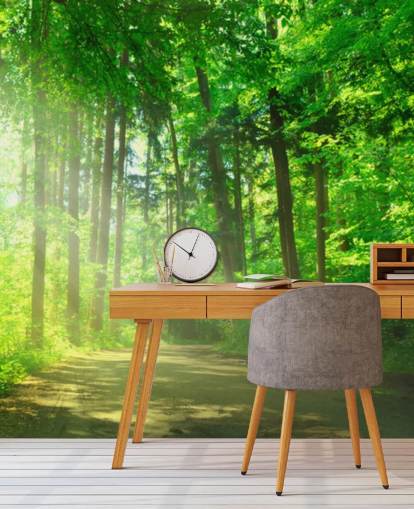 green customizable forest wallpaper mural called Forest Path in Sunshine