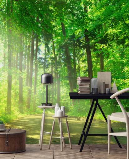 mural verde personalizable de papel pintado de bosque llamado Forest Path in Sunshine