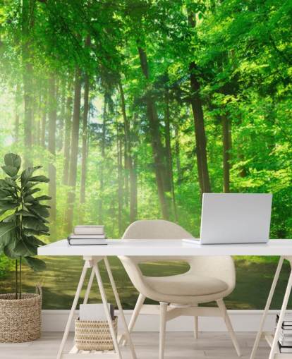 green customizable forest wallpaper mural called Forest Path in Sunshine