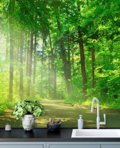 green customisable forest wallpaper mural called Forest Path in Sunshine