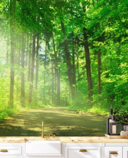 papier peint mural vert personnalisable en forme de forêt appelé Forest Path in Sunshine papier peint mural vert personnalisable en forme de forêt appelé Forest Path in Sunshine