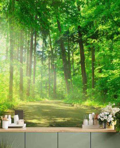 green customisable forest wallpaper mural called Forest Path in Sunshine