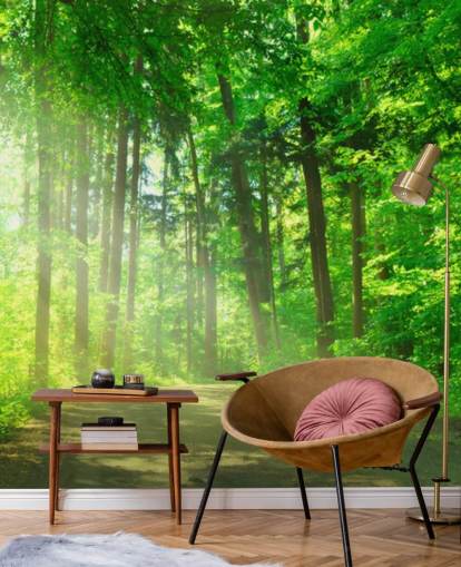 green customizable forest wallpaper mural called Forest Path in Sunshine