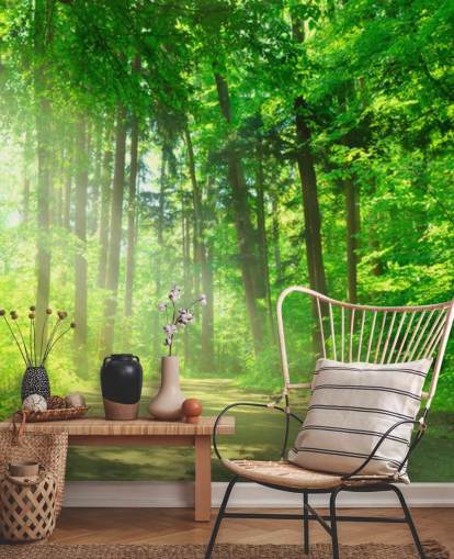 green customisable forest wallpaper mural called Forest Path in Sunshine