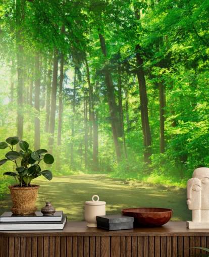 mural verde personalizable de papel pintado de bosque llamado Forest Path in Sunshine mural verde personalizable de papel pintado de bosque llamado Forest Path in Sunshine
