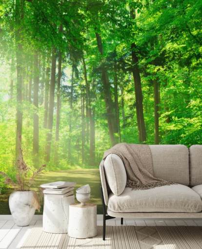 green customisable forest wallpaper mural called Forest Path in Sunshine