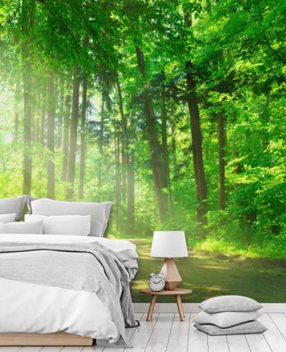 mural verde personalizable de papel pintado de bosque llamado Forest Path in Sunshine