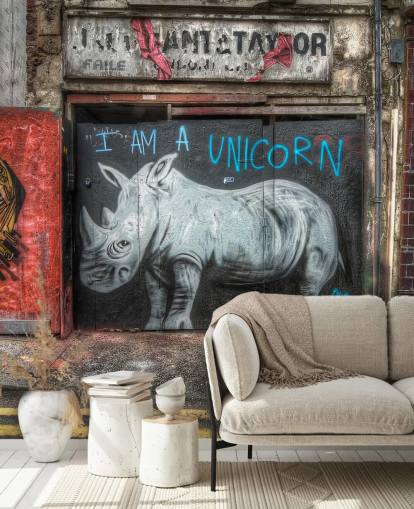 spray painted customizable graffiti wallpaper mural called Be What You Want to Be by Nick Jackson for bedrooms or office