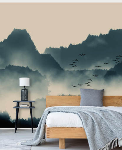 mural de papel de parede de paisagem enevoada com pássaros