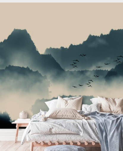 mural de papel pintado de paisaje brumoso con pájaros