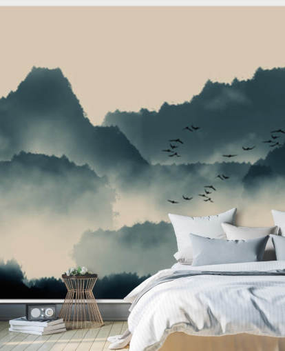 mistig landschap behangmuurschildering met vogels