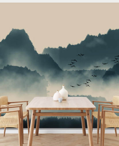 misty landscape wallpaper mural with birds