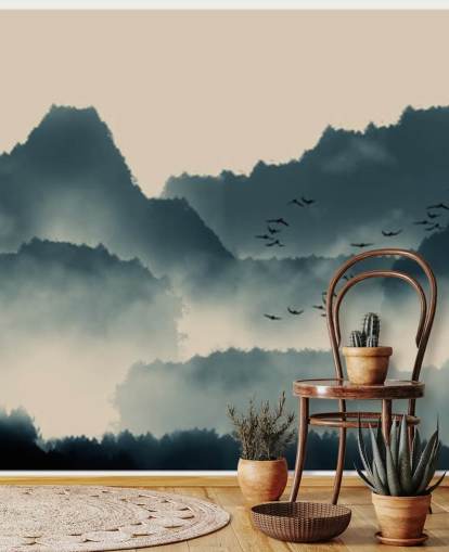 mural de papel pintado de paisaje brumoso con pájaros