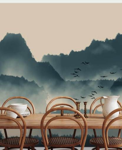 misty landscape wallpaper mural with birds