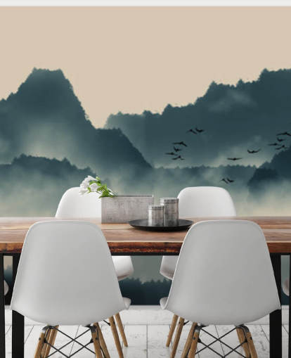 mural de papel pintado de paisaje brumoso con pájaros mural de papel pintado de paisaje brumoso con pájaros