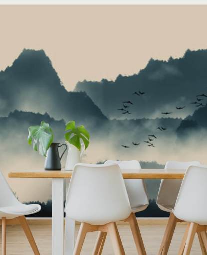 mural de papel pintado de paisaje brumoso con pájaros mural de papel pintado de paisaje brumoso con pájaros