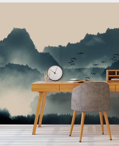 mistig landschap behangmuurschildering met vogels mistig landschap behangmuurschildering met vogels