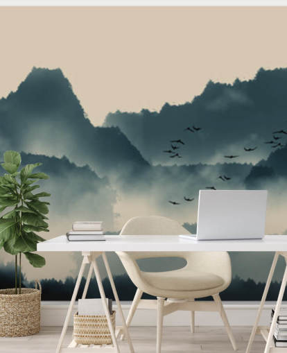 mistig landschap behangmuurschildering met vogels