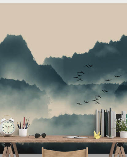 mural de papel pintado de paisaje brumoso con pájaros
