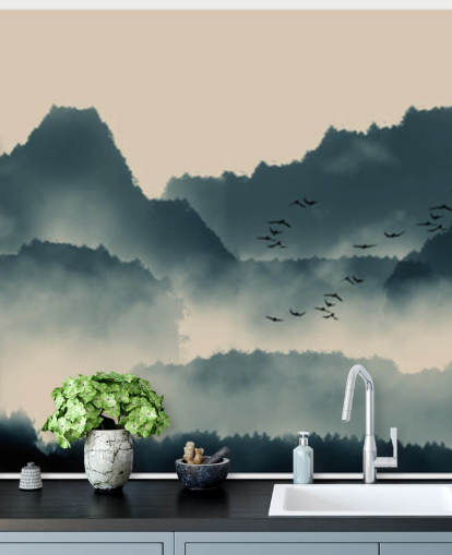 papier peint mural de paysage brumeux avec oiseaux