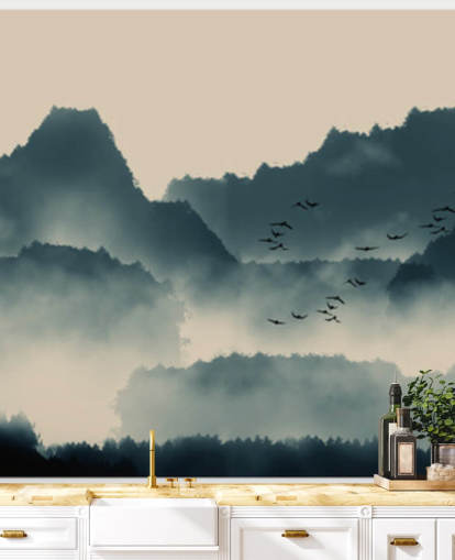 misty landscape wallpaper mural with birds misty landscape wallpaper mural with birds
