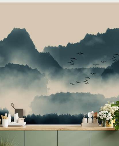 papier peint mural de paysage brumeux avec oiseaux