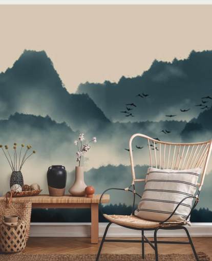 mural de papel pintado de paisaje brumoso con pájaros mural de papel pintado de paisaje brumoso con pájaros