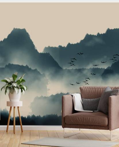 mural de papel pintado de paisaje brumoso con pájaros mural de papel pintado de paisaje brumoso con pájaros