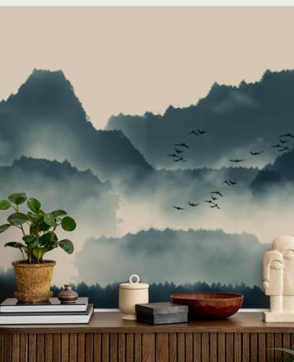 misty landscape wallpaper mural with birds