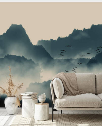 papier peint mural de paysage brumeux avec oiseaux