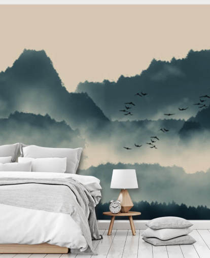 misty landscape wallpaper mural with birds