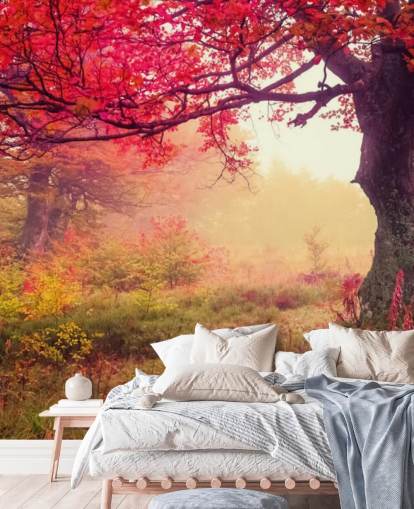 rødt og grønt tilpassbart tretapet veggmaleri kalt Autumn Forest Meadow for soverom og salonger rødt og grønt tilpassbart tretapet veggmaleri kalt Autumn Forest Meadow for soverom og salonger