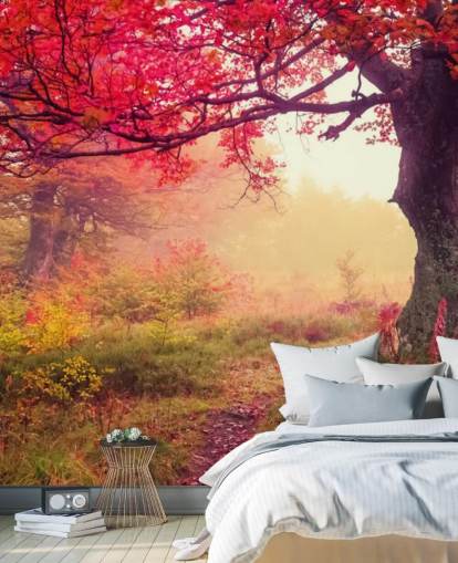 punainen ja vihreä muokattava puun taustakuvamaalaus nimeltä Autumn Forest Meadow makuuhuoneisiin ja oleskelutiloihin