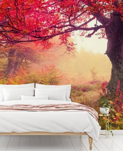 mural de papel de parede de árvore personalizável vermelho e verde chamado Autumn Forest Meadow para quartos e salões