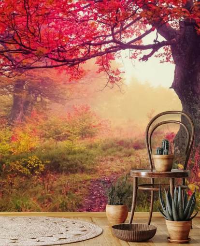 rødt og grønt tilpassbart tretapet veggmaleri kalt Autumn Forest Meadow for soverom og salonger rødt og grønt tilpassbart tretapet veggmaleri kalt Autumn Forest Meadow for soverom og salonger