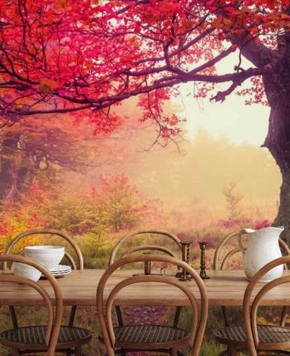 punainen ja vihreä muokattava puun taustakuvamaalaus nimeltä Autumn Forest Meadow makuuhuoneisiin ja oleskelutiloihin