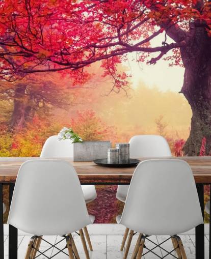 red and green customisable tree wallpaper mural called Autumn Forest Meadow for bedrooms and lounges