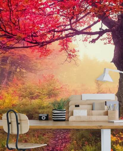 mural de papel pintado de árbol personalizable rojo y verde llamado Autumn Forest Meadow para dormitorios y salones