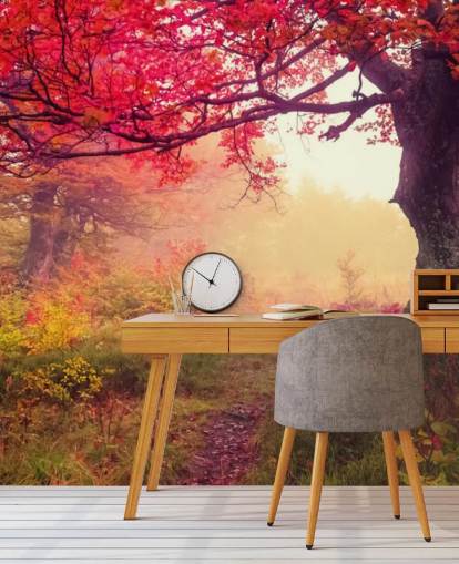 mural de papel pintado de árbol personalizable rojo y verde llamado Autumn Forest Meadow para dormitorios y salones