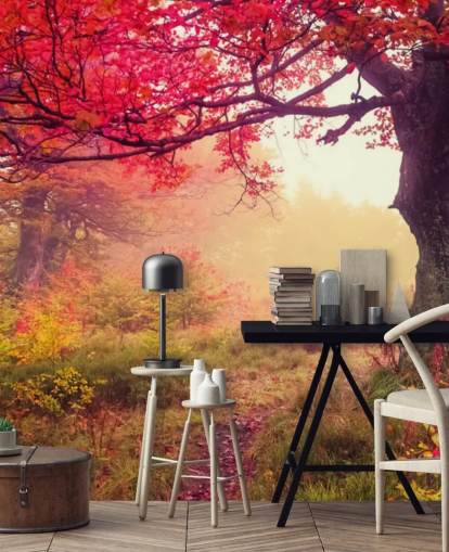 red and green customizable tree wallpaper mural called Autumn Forest Meadow for bedrooms and lounges