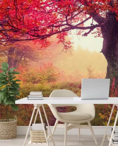 rode en groene aanpasbare boombehangmuurschildering genaamd Autumn Forest Meadow voor slaapkamers en lounges